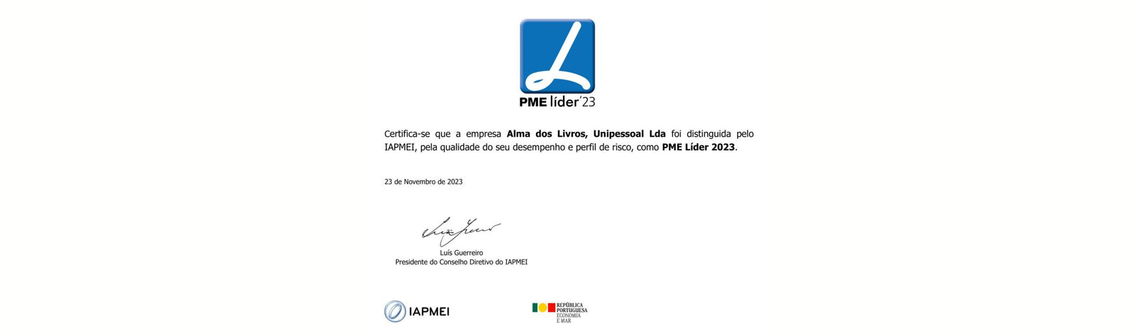Alma dos Livros conquista estatuto PME Líder 2023 - Alma dos Livros